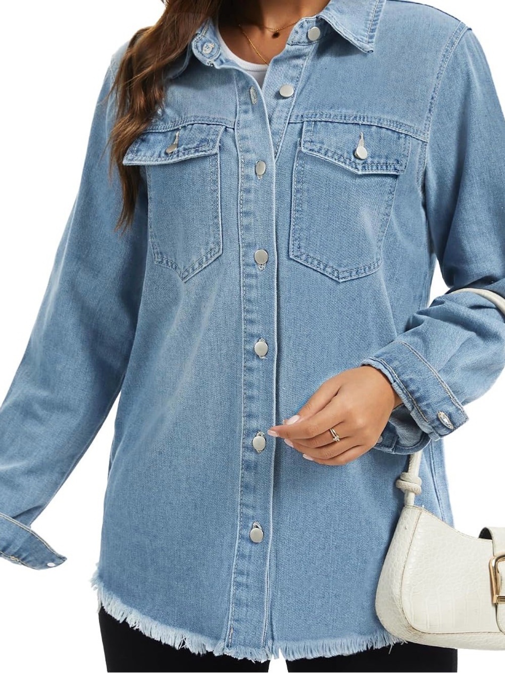 Classic Light Blue Denim Shacket with Snap Closures